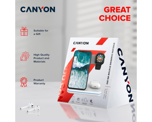 Бездротовий зарядний пристрій Canyon WS-303 3 в 1 QI White