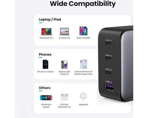 Зарядний пристрій UGREEN CD226 GaN 3 х USB-C + USB-A 100 Вт Чорно-сірий