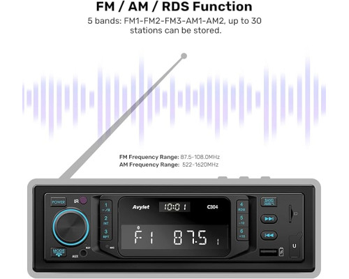 Автомобільний радіоприймач Avylet C304 RDS Bluetooth 5.0 Handsfree, дзвінки та годинник