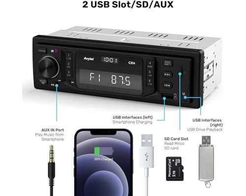 Автомобільний радіоприймач Avylet C304 RDS Bluetooth 5.0 Handsfree, дзвінки та годинник