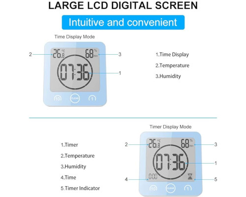 Цифровий водонепроникний годинник ALLOMN для ванної кімнати LCD-Екран, будильник, гігрометр і таймер зворотного відліку