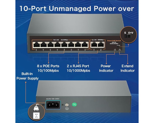 10-портовий комутатор PoE Davuaz з 8 портами POE+ і 2 портами Gigabit Uplink