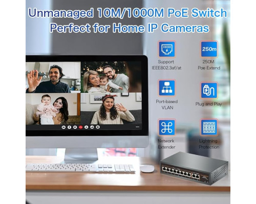 10-портовий комутатор PoE Davuaz з 8 портами POE+ і 2 портами Gigabit Uplink