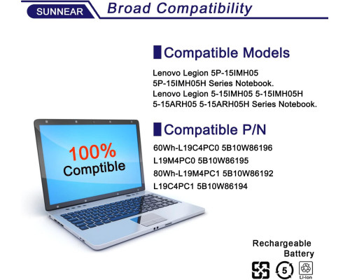 L19C4PC0 Акумулятор для ноутбука Lenovo Legion 5P-15IMH05 Legion 5-15IMH05 5-15ARH05 15,36 В 60Wh 4010mAh