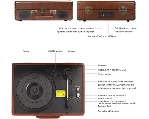 Вініловий програвач VOKSUN c260 з Bluetooth, USB, Aux