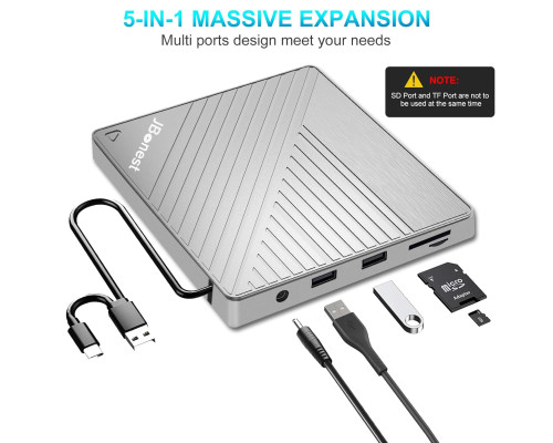 Зовнішній CD-DVD-привід USB 3.0 типу C, зовнішній із пристроєм для читання карток SD/TF, портативним записувачем RW