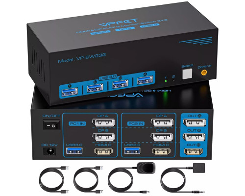 USB 3.0 HDMI+2 Displayport KVM-переключатель 3 монитора 2 компьютера 8K при 60 Гц/4K при 120 Гц