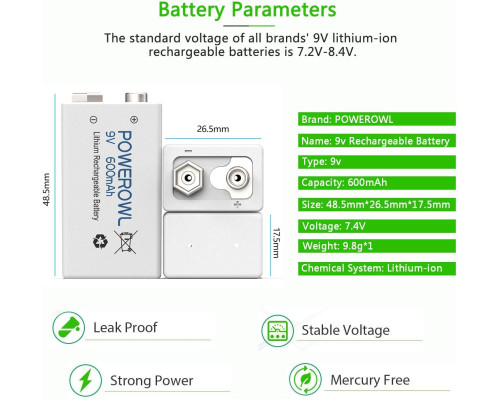 Акумуляторні батареї POWEROWL 9V 600mAh із зарядним пристроєм (4 шт)