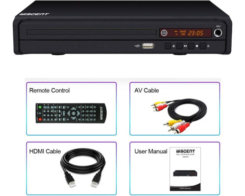Компактний DVD-програвач WISCENT для телевізора з HDMI/RCA/USB/мікрофоном