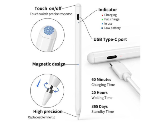 Стилус Active Capacitive Stylus 1.5 mm Superfine Nib для iPad 2018-2023 10th/9th/8th/7th/6th Gen