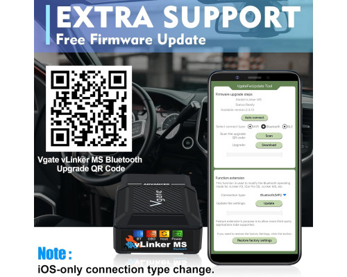 Автомобільний сканер Vgate vLinker MS Bluetooth OBD2 для iPhone/iOS, Android та Windows