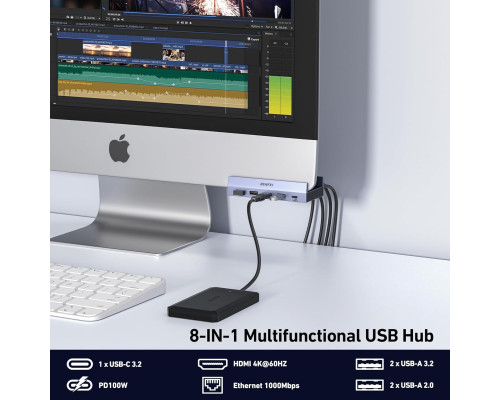USB-хаб BENFEI 8-в-1 з кріпленням типу C 4K@60Hz HDMI
