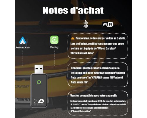 Бездротовий адаптер CarPlay та Android Auto 2024 / 2-канальний перетворювач дротового зв'язку на бездротовий