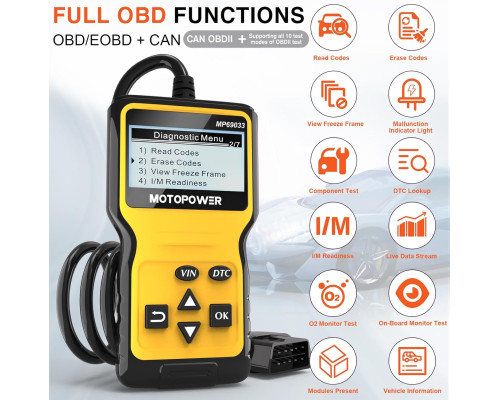 Автомобільний сканер OBD2, зчитувач кодів MOTOPOWER MP69033