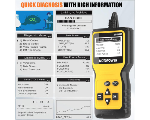 Автомобільний сканер OBD2, зчитувач кодів MOTOPOWER MP69033