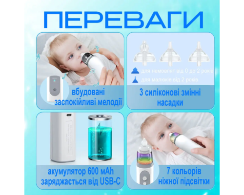Аспіратор соплевідсмоктувач електронний акумуляторний назальний для дітей