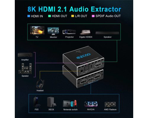 Аудіоекстрактор 4K@120Hz 4:4:4 8bit 2x1 ARC CEC HDMI 2.1