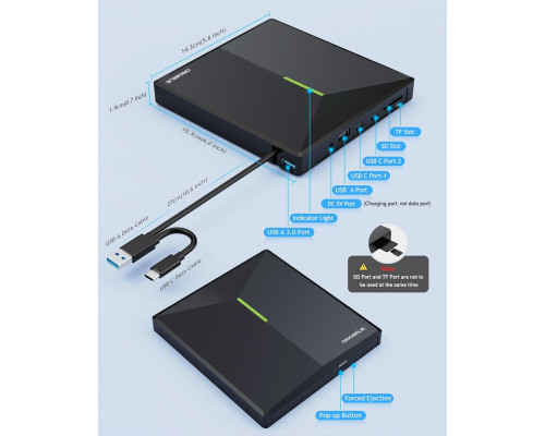 Зовнішній CD/DVD-привід з 4 портами USB та 2 слотами для карт TF/SD ORIGBELIE