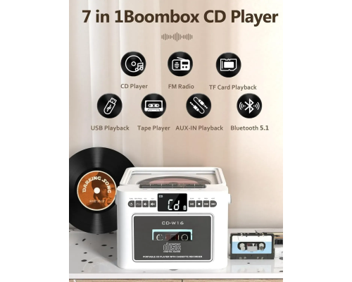 Касетний CD-програвач / бумбокс  з Bluetooth та акумулятором FM/AUX/Micro SD/USB