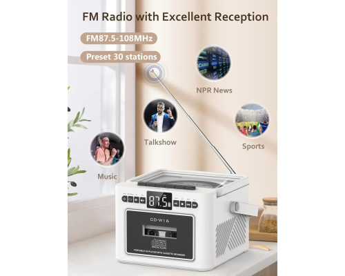 Касетний CD-програвач / бумбокс  з Bluetooth та акумулятором FM/AUX/Micro SD/USB