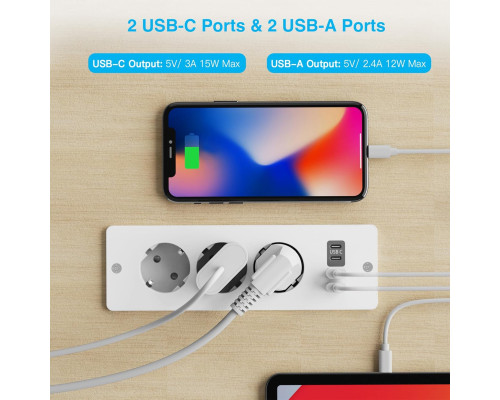 Вбудований подовжувач настільний на 3 гнізда з USB-A та USB-C