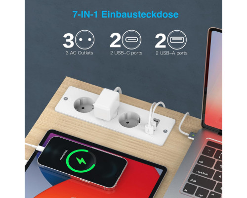 Вбудований подовжувач настільний на 3 гнізда з USB-A та USB-C