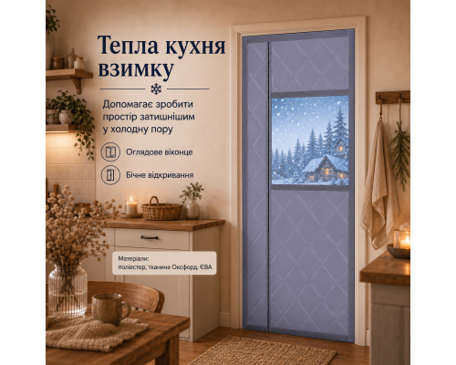 Утеплена магнітна термоштора на двері з оглядовим вікном (розмір 80 x 210 см)
