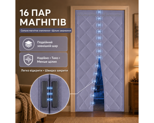 Теплозберігаюча магнітна термоштора на двері з прозорим вікном (розмір 100 x 200 см)