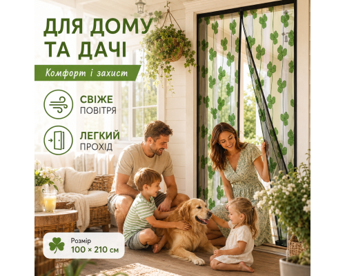 Магнітна москітна сітка на двері з принтом конюшини 100×210 см