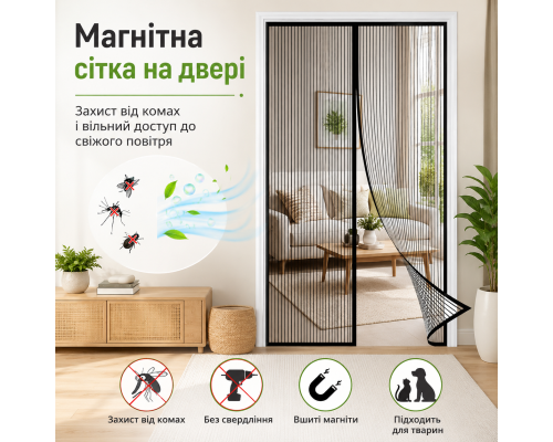 Магнітна москітна сітка на двері з вшитими магнітами та автоматичним закриванням 90 x 210 см