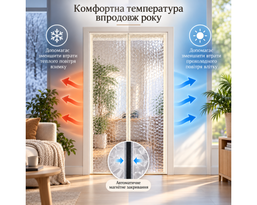Прозора магнітна EVA-штора на двері Water-Cube з автоматичним закриванням та теплоізоляційним ефектом (розмір 70 x 180 см)