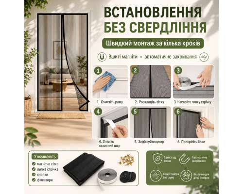 Магнітна москітна сітка на двері з вшитими магнітами та автоматичним закриванням 100 x 210 см