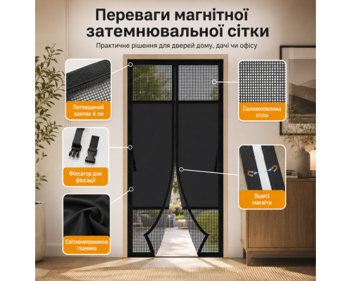 Магнітна затемнювальна москітна сітка на двері з вшитими магнітами 80 x 220 см